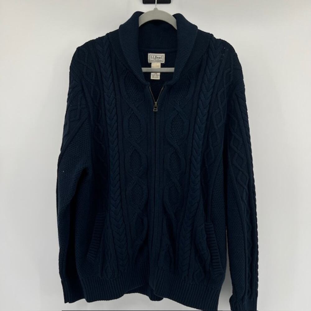 LL Bean Mens L Heritage Fisherman Zip Sweater Jacket Organic Cotton Cable Knit